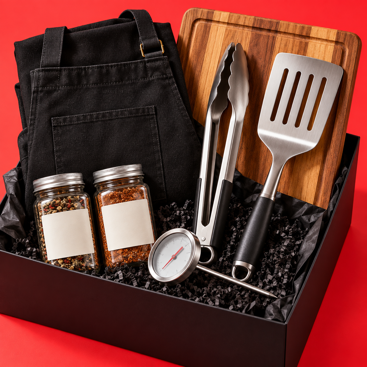 Vorschau eines Grill-Geschenksets mit Sch&uuml;rze, Grillbesteck und Gew&uuml;rzen