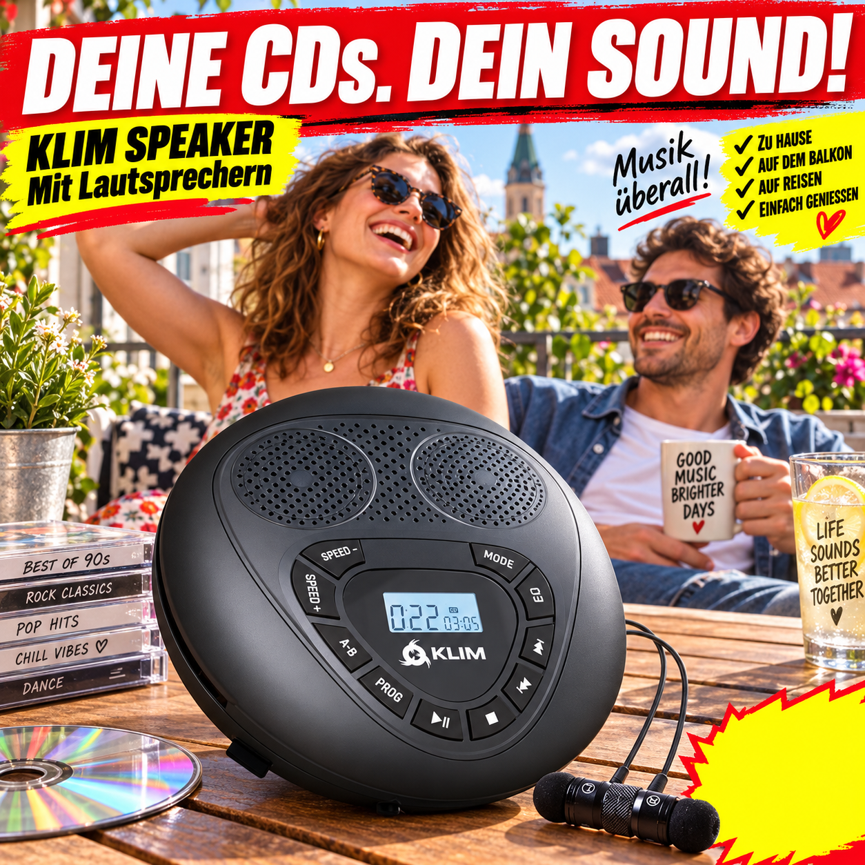 KLIM Speaker tragbarer CD-Player mit Lautsprechern
