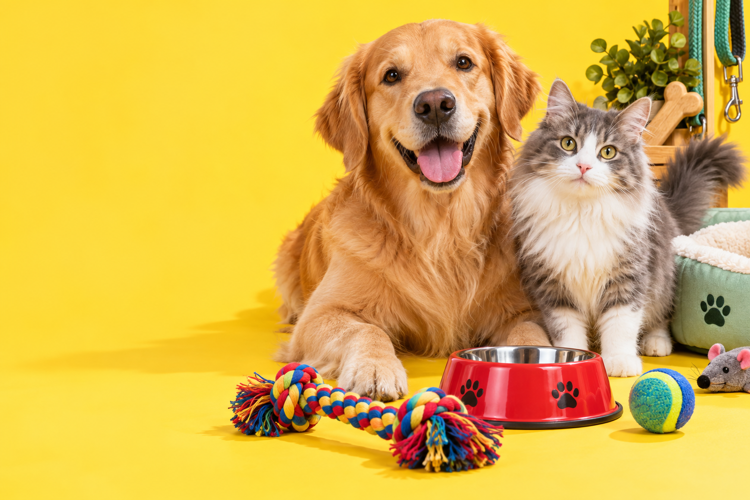 Hund und Katze mit Spielzeug und Futternapf