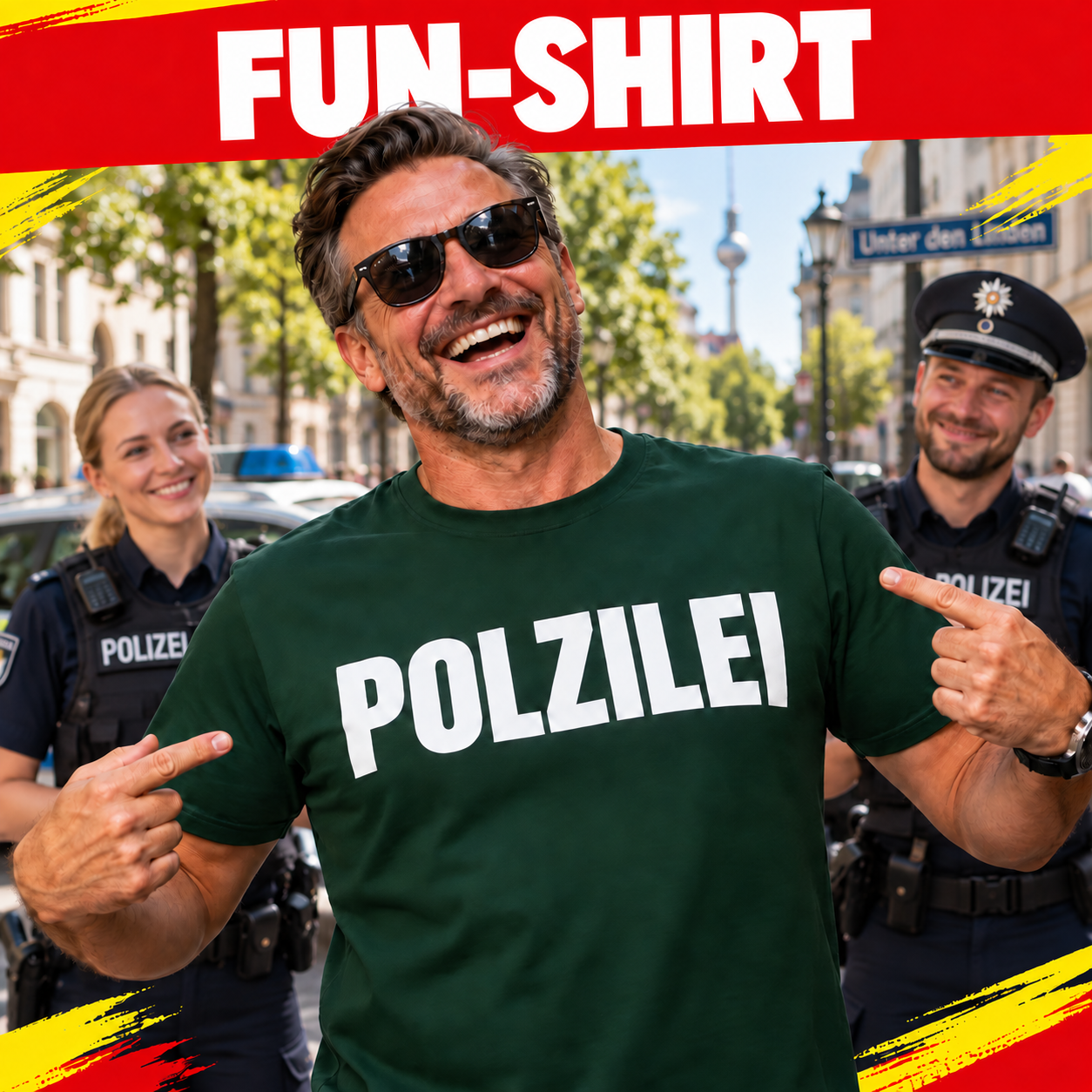 POLZILEI Fun-T-Shirt in Polizeigr&uuml;n vor zwei Polizisten