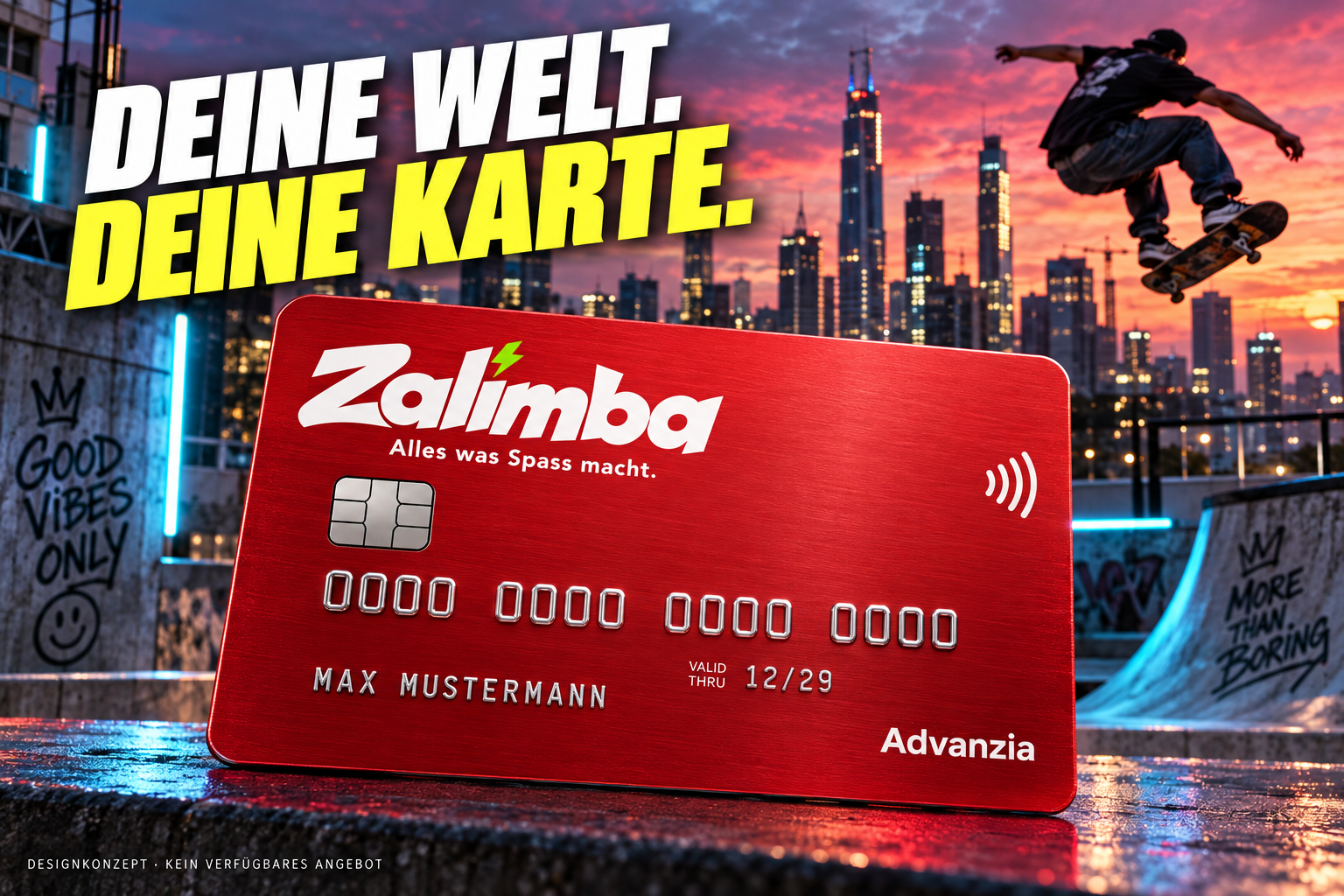Designkonzept einer Zalimba Card mit Advanzia. Deine Welt. Deine Karte. Kein verf&uuml;gbares Angebot.