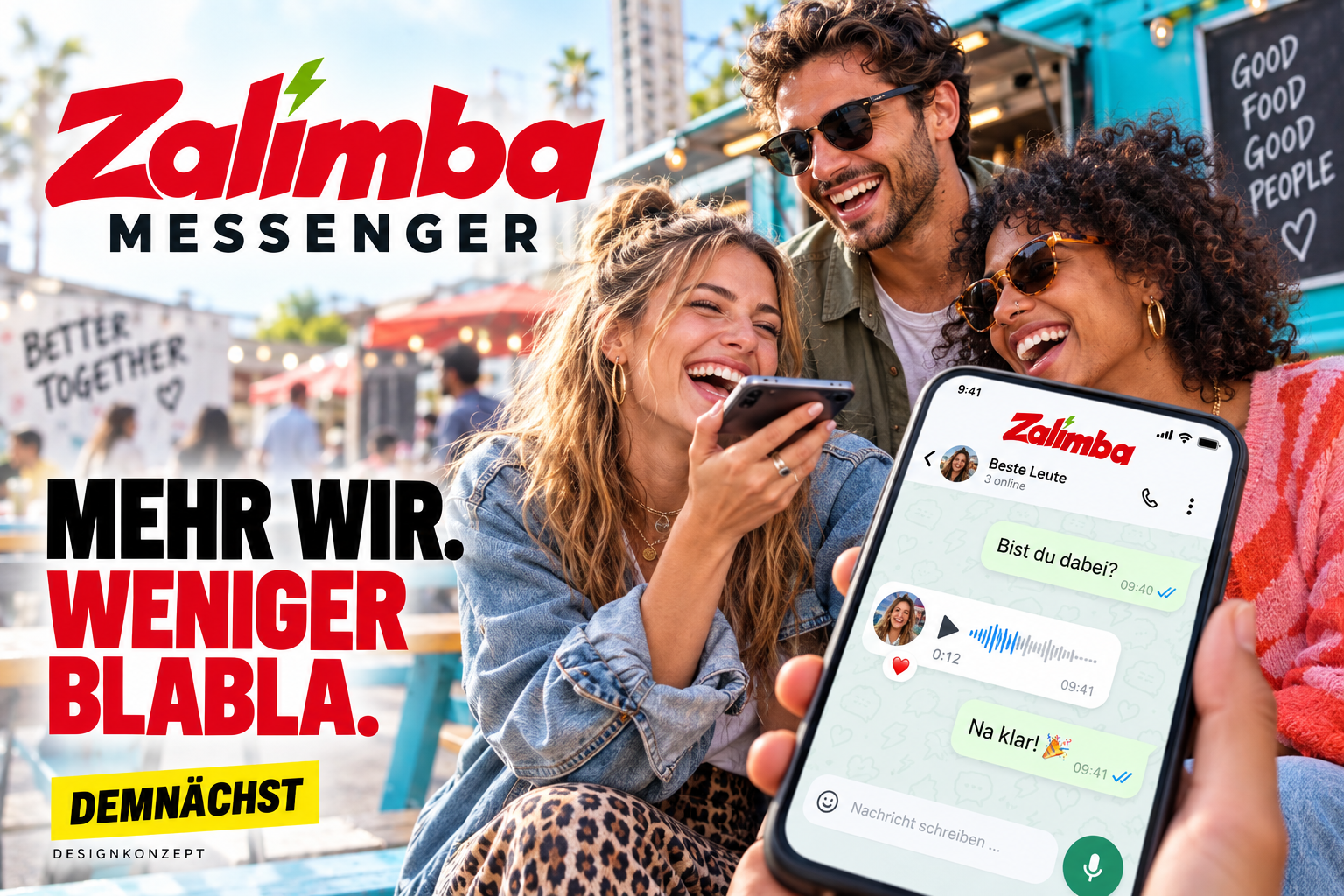 Designvorschau Zalimba Messenger. Mehr wir. Weniger Blabla. Demn&auml;chst.